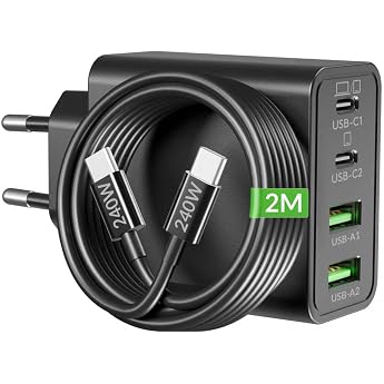 ARCCRA 65W GaN USB C Fast Charger, 4-Port Power Supply PD/PPS & Charging Cable | Mehrfach USBC Ladeger&auml;t, Laptop Charger, 2M 