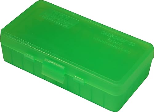 Vista 6 de MTM Caja para 50 municiones de punta redonda, calibre 40, 45, o 10 milímetros, con tapa. Azul traslúcido