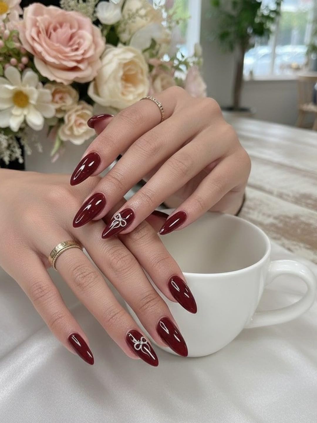Nakhi Wine Red Almond Press On Nails Long Glossy Artificial False Nails for Women with Minimal White Nail Art Design | Full Cover Stick On Nails | Fashion Salon Finish Nail Tips for Daily Wear Party-image-9