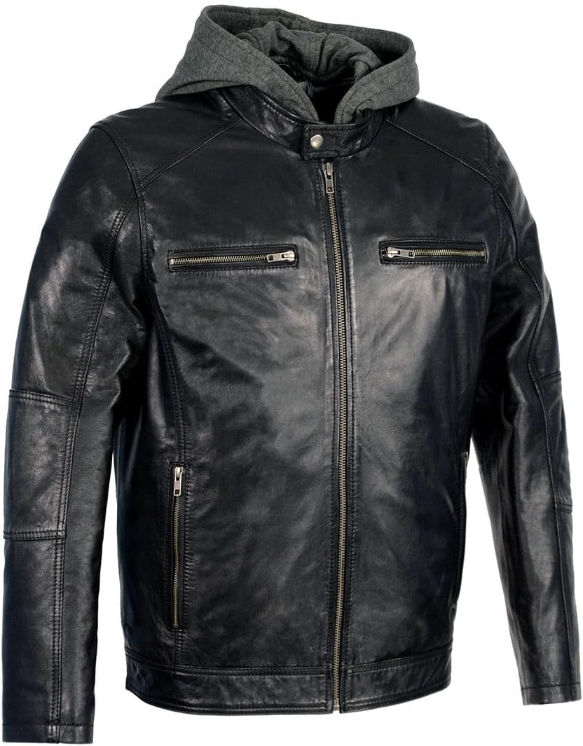 Milwaukee Leather SFM1850 Men's Black Snap Collar Motorcycle Style Fashion Casual Leather Jacket with Removable Hoodie