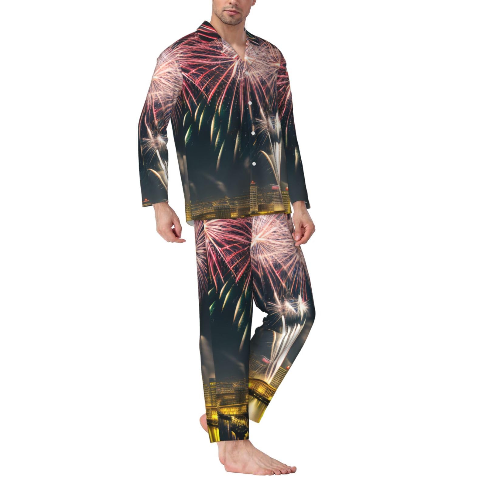 Herren-Pyjama-Set mit Feuerwerk-Muster, langärmelig, zweiteilig, Hauskleidung, bequeme Nachtwäsche