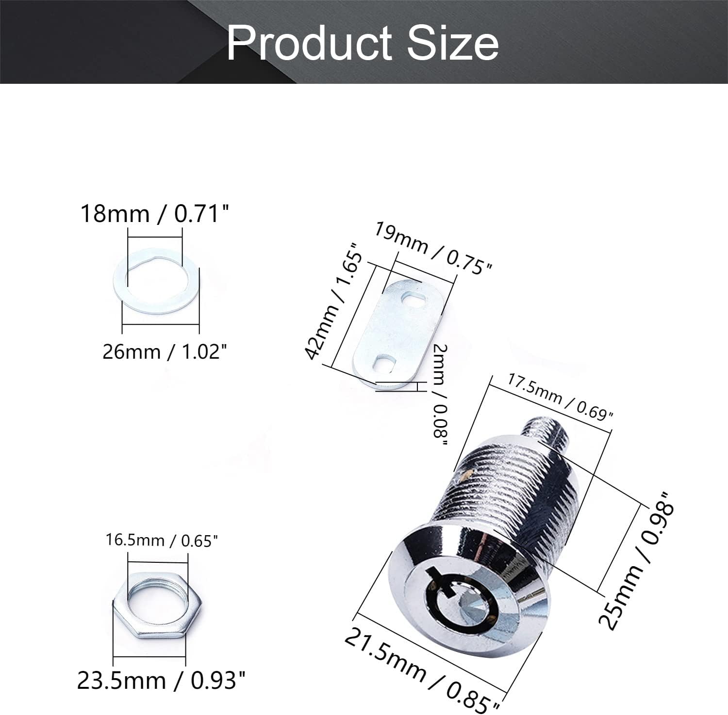 Bettomshin Tubular Cam Lock, 0.98inch Cylinder Length, Security Drawer Door Mailbox Cabinet Tool Box Lock Zinc Alloy Nickel Plated, Keyed Different 1Pcs