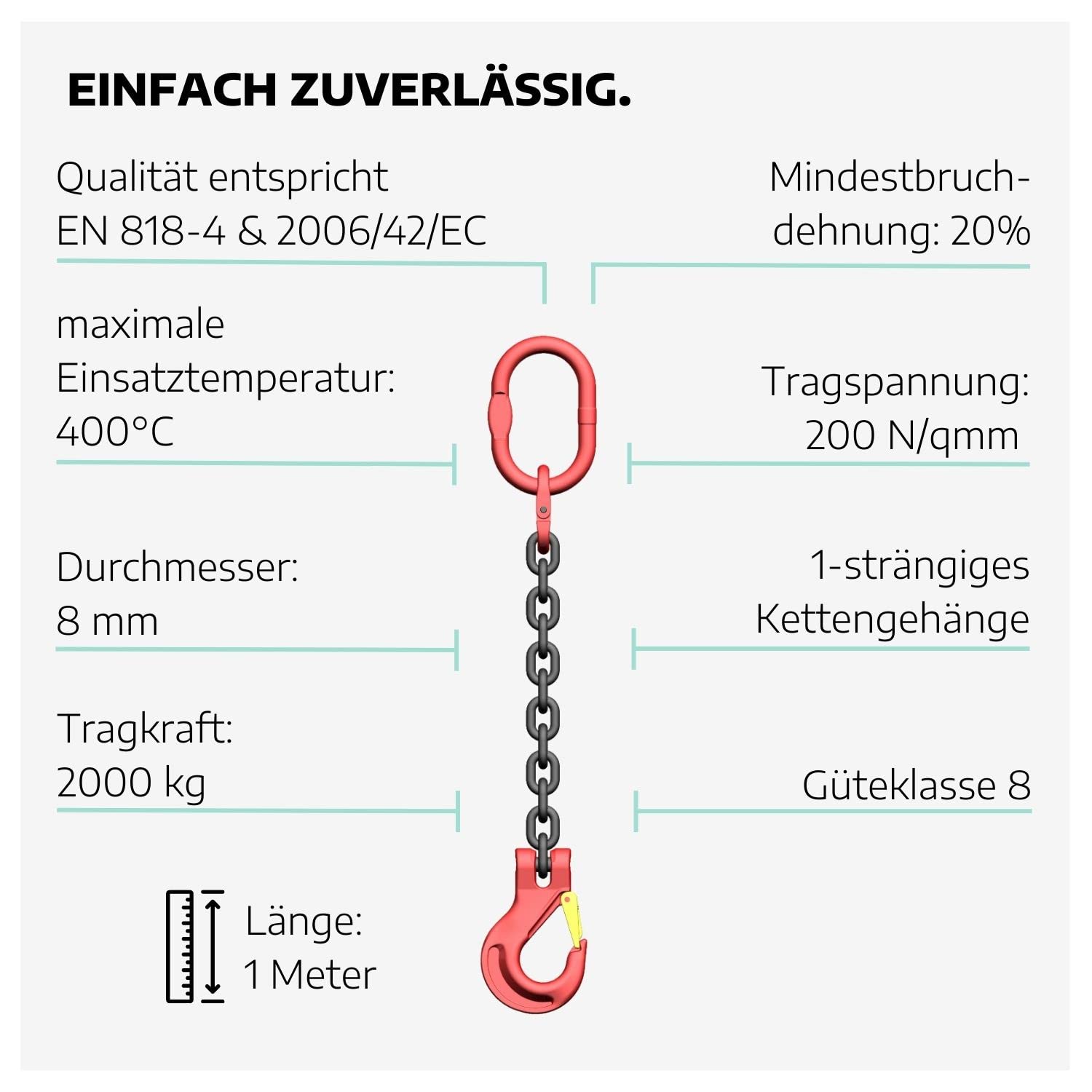 Einstrang-Kettengehänge 8 mm GK 8 I 1 m Lange Anschlagkette für die Baustelle I Bagger-Zubehör I Traglast 2000kg nach EN818-4 I Kettengehänge 1-Strang I Baustellen Werkzeug