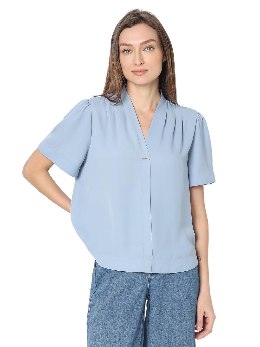 vero moda Women's Regular Fit Solid V-Neck Top | Day to Evening | Short Sleeves Top for Women-picture-44