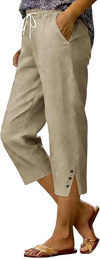 Capri Pants for Women Cotton Linen Casual Summer Drawstring Elastic Waist Capris Straight Wide Leg Cropped Trousers