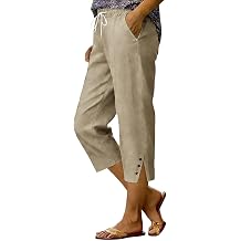 Capri Pants for Women Cotton Linen Casual Summer Drawstring Elastic Waist Capris Straight Wide Leg Cropped Trousers