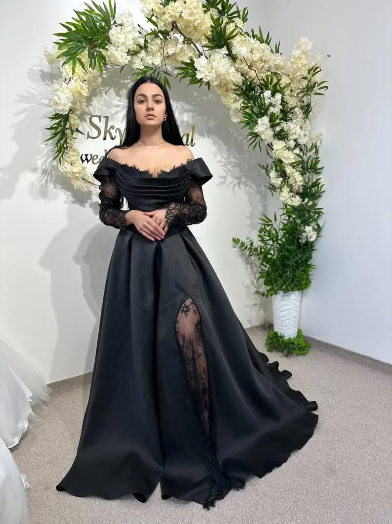 Long Sleeve Black Wedding Dresses for Bride Lace Appliques Bridal Gowns with Train Off Shoulder Satin Prom Dress