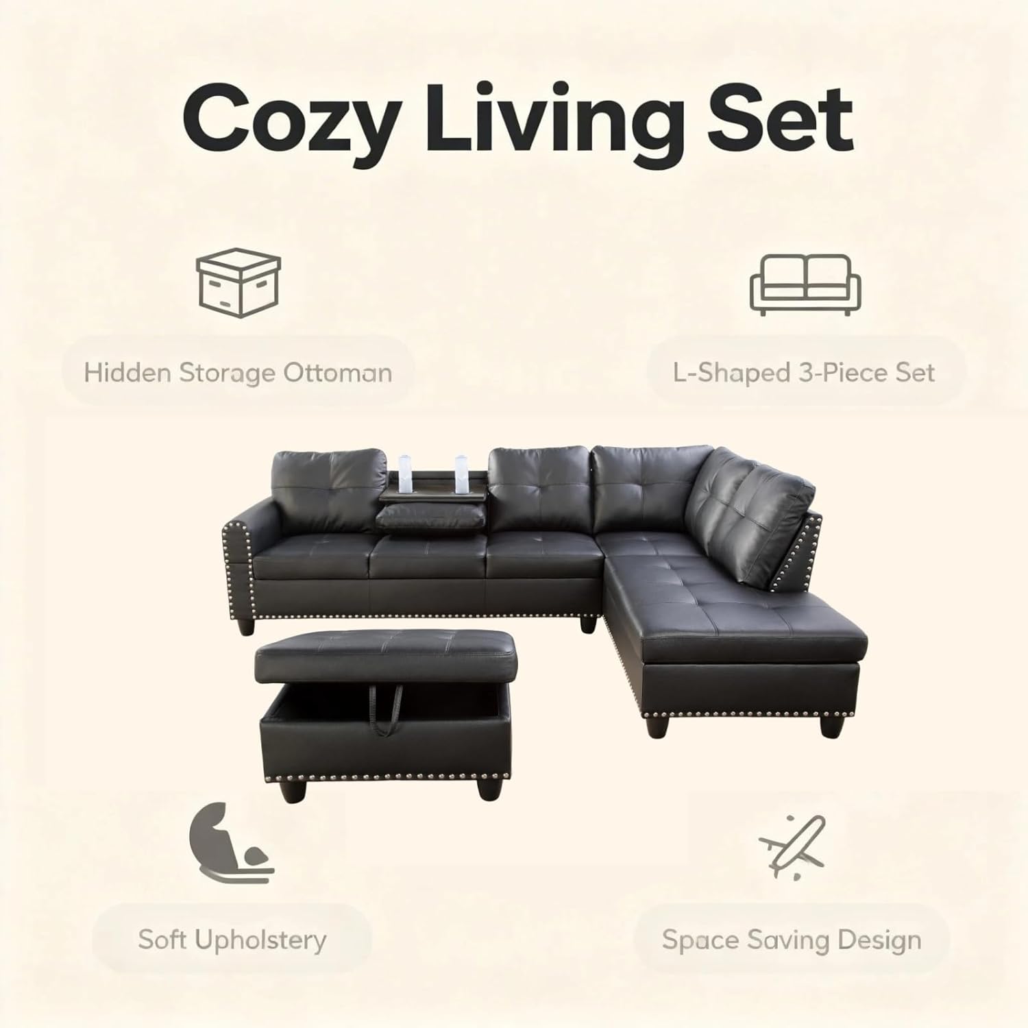 97.5" L-Shape Sofa with Storage Ottoman & Reversible Coffee Table, Leather Sectional Couch with Right Chaise, Modern 3-Piece Sofa Set, Upholstered Couch Set with Solid Wood Frame, Dark Grey