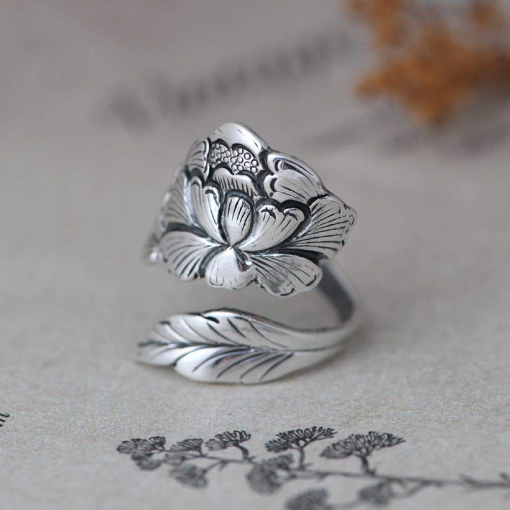 HGJH Anelli d'Argento,Anello Regolabile per Donna retrò Invecchiato Moda Peonia Fiore Incisione Anello per Dito Indice Eternità FEDI Nuziali Anelli di Promessa per Ragazze Signore