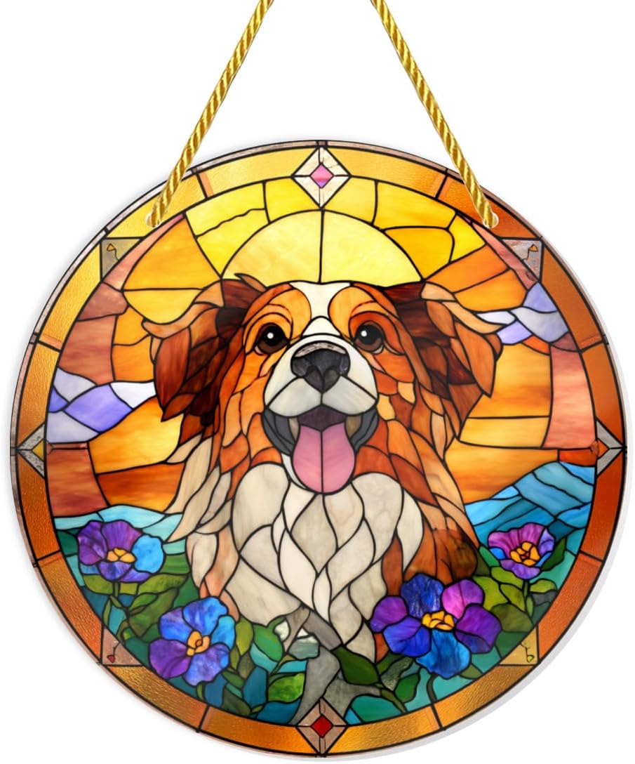 1PC Acrylic Hanging Ornaments, Stained Glass Styles, Dog Amidst Colorful Flowers Decorative Signs, Rainbow Maker Wall Art Suitable for Pet - lover Home Decor, Kawaii Gifts, Garden, 8×8in