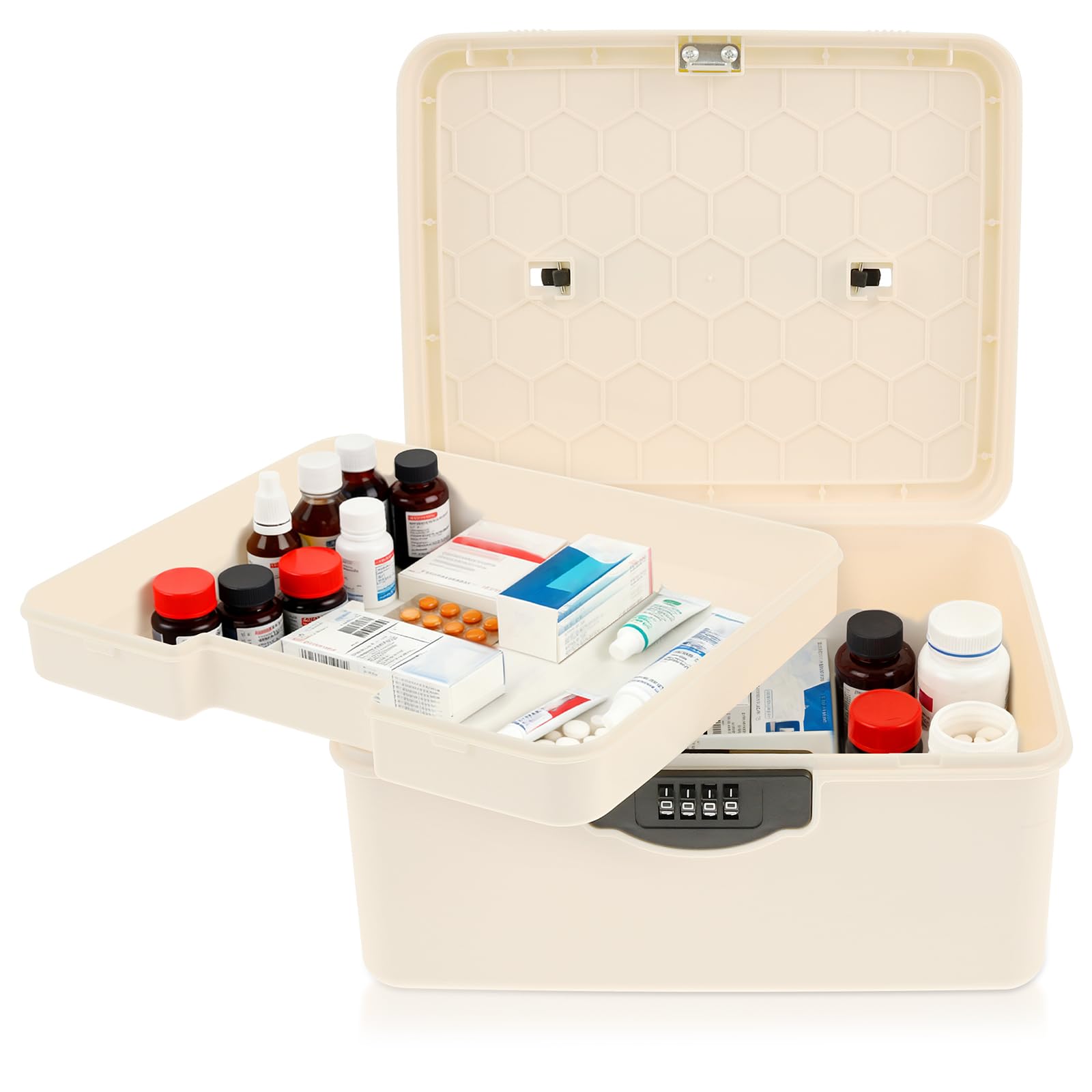 Lockable Storage Box,Medical Organizer Box with Removable Tray & Handle, 2 Layer Portable Safe Container with 4 Digital Combination Lock for First Aid, Fridge Food Snacks, Phone Jail & Documents