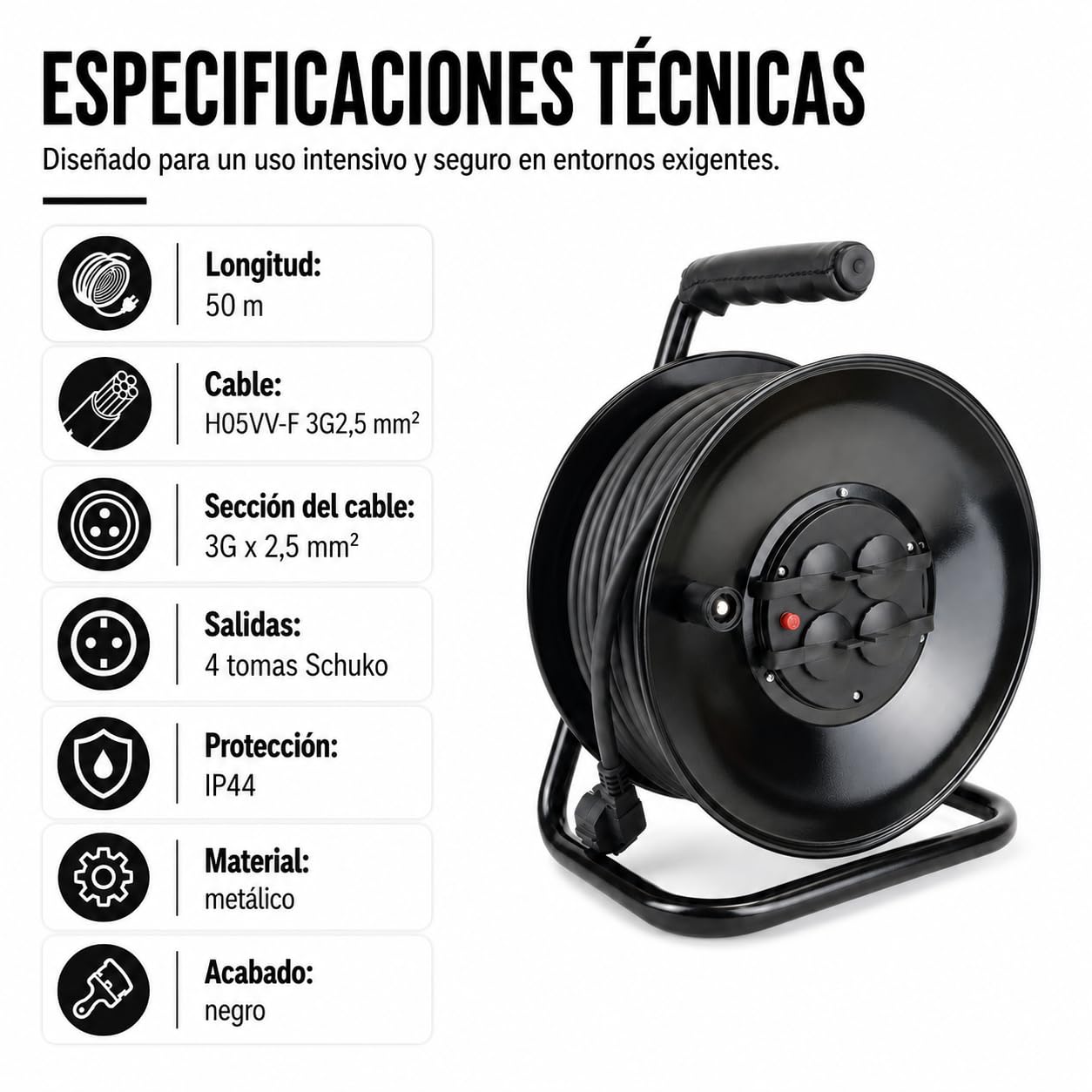 Enrollacables Metálico IP44 50m con Cable 3G2,5 mm², 4 Tomas Schuko con Tierra, Tambor Profesional para Taller, Garaje, Almacén y Exterior, hasta 3600W Desenrollado