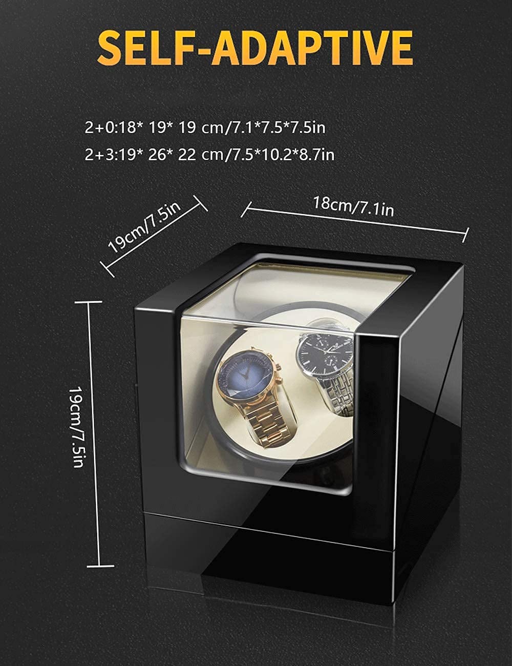 Vitrina Enrollable para 2 Relojes, 3 Posiciones adicionales, Pintura de Piano, antimagnético, vibrador de Lujo ultrasilencioso, luz LED (Grano de ébano + Blanco 2 + 3) (Negro + marrón 2 + 3)