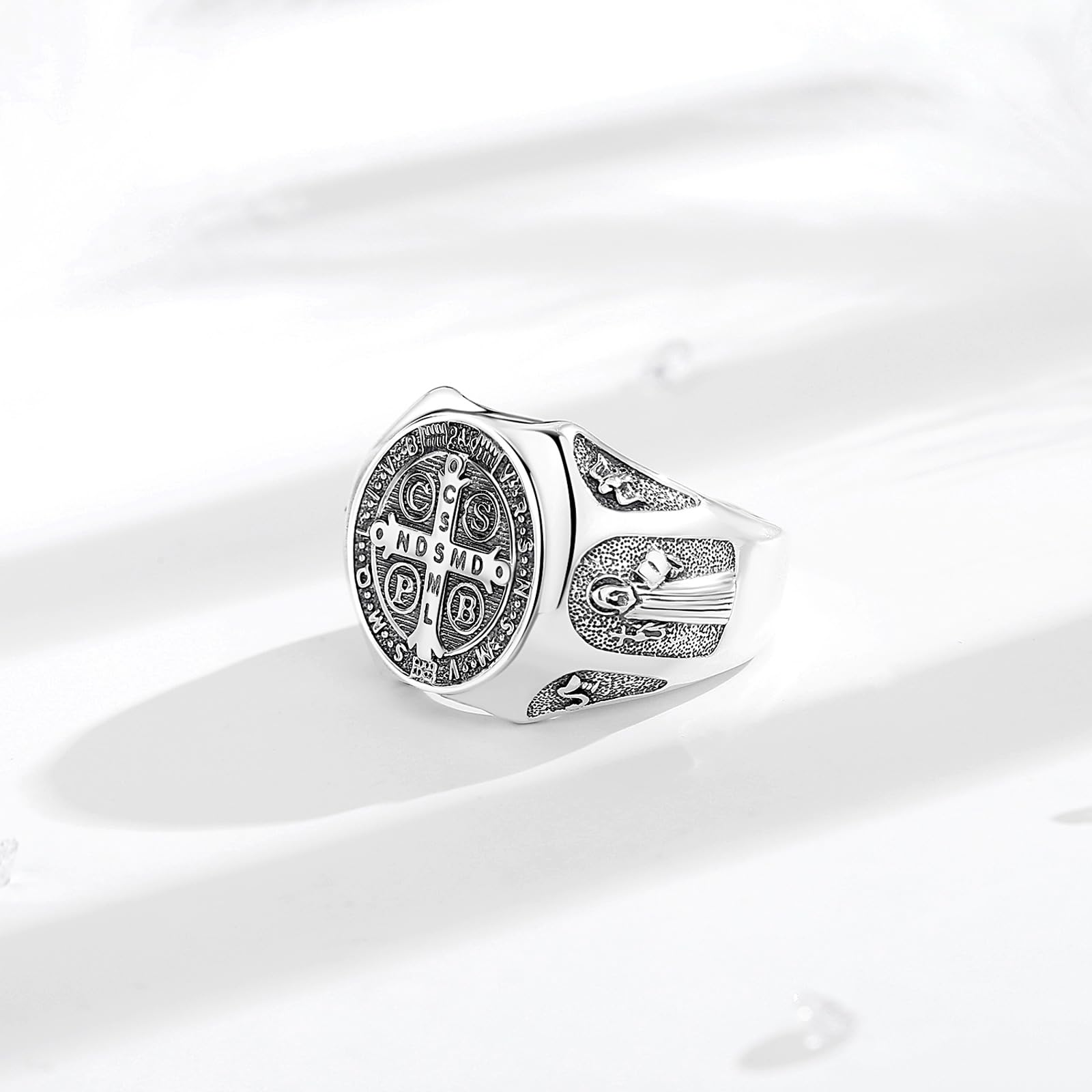 Anillo de Cruz/San Benito/Sello de los 7 Arcángeles/Cruz Ankh Plata de Ley S925 para Mujer Hombre, Ajustable Anillos Corazón de Jesús Abiertos Religión Regalo para Hombre Mujer