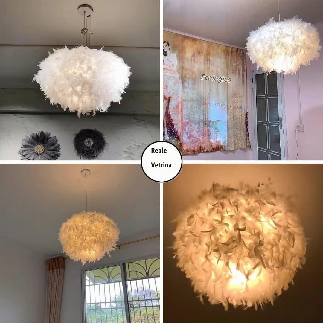 Lampadario a sospensione con piume bianche, 50 cm, per soggiorno, camera da letto, sala da pranzo
