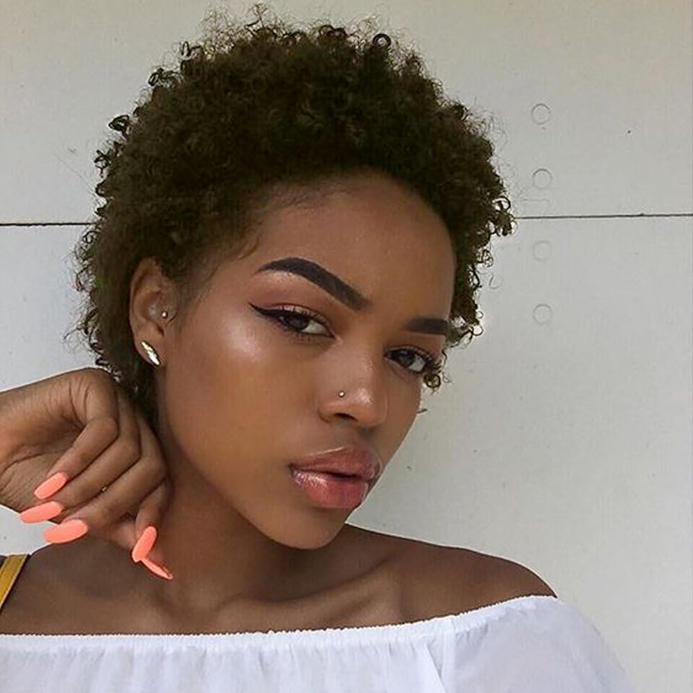 SUNNYMAY Human Hair Wigs Brazilian Afro Curly Hair Wigs for Black Woman Short Kinky Hair, Halloween Costume Party Cosplay Wig (Light brown)