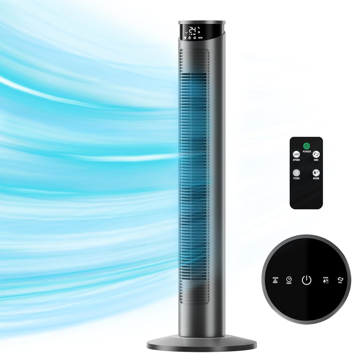 CIH Tower Fan 37 Inch,24ft/s Velocity Quiet Oscillating Bladeless Fan 6 speeds with Remote,4 Modes,LED Display,7.5H Timer,Grey Floor Standing Fan Powerful for Indoor Home Bedroom Office Room 37 inches grey