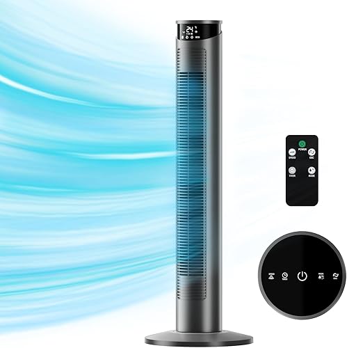 CIH Ventilador de torre de 37 pulgadas, 24 piess, ventilador oscilante silencioso sin aspas, 6 velocidades con control remoto, 4 modos, pantalla