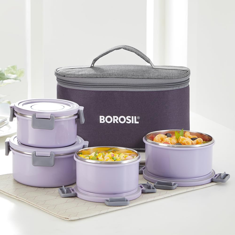Borosil Glory Lavender Stainless Steel Lunchbox with Bag | 4 pcs Round Set (280ml x 2 + 460ml x 2) | Microwavable Tiffin with Food Grade Steel | Leakproof & Dishwasher Safe | 1 Year Warranty (B0D72WMHP5) Amazon Price History, Amazon Price Tracker