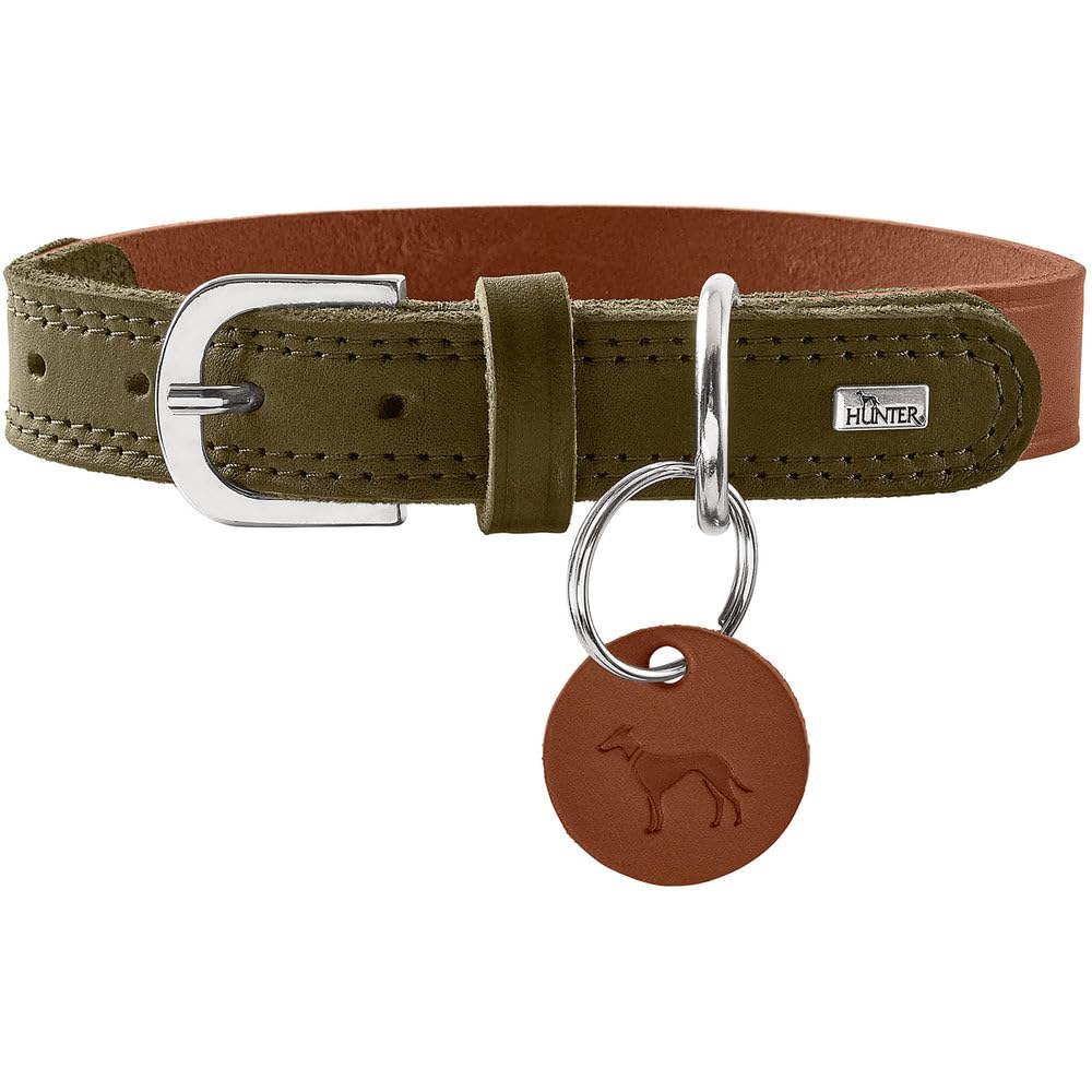 Hunter Hundehalsband LEMVIG, Farbe: Cognac/Oliv, Leder, belastbar & strapazierfähig, angenehm weich, komfortabel, elegant & trendig, Made in Germany, Größe: 55