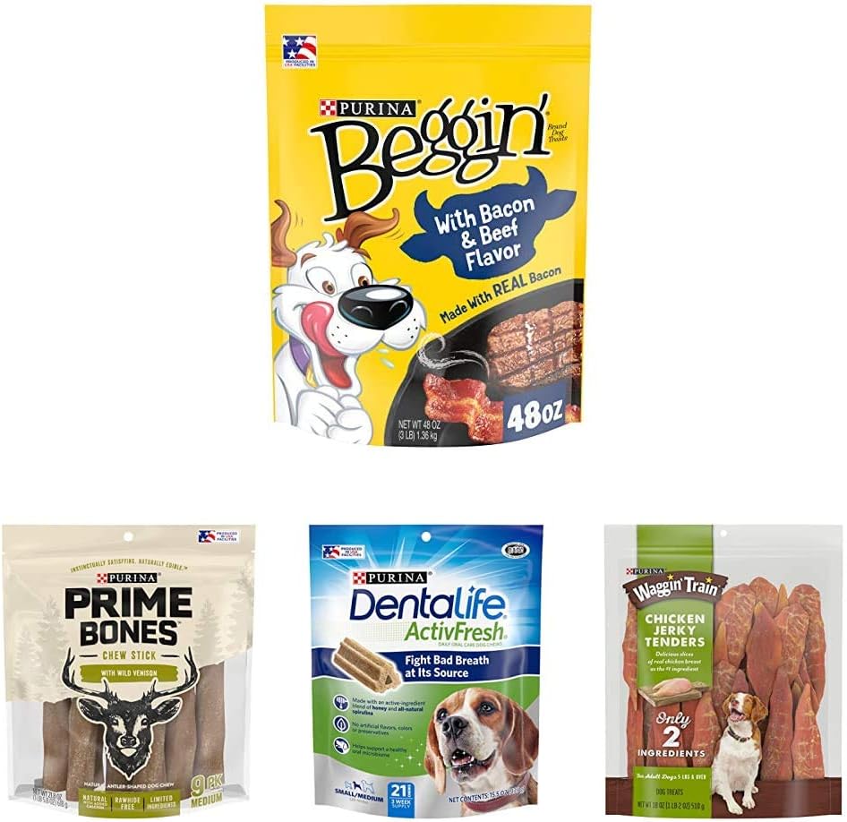 Purina Waggin Train, Beggin’, Prime Bones & DentaLife Dog Treats and Dog Dental Chews, Four-Pack Bundle