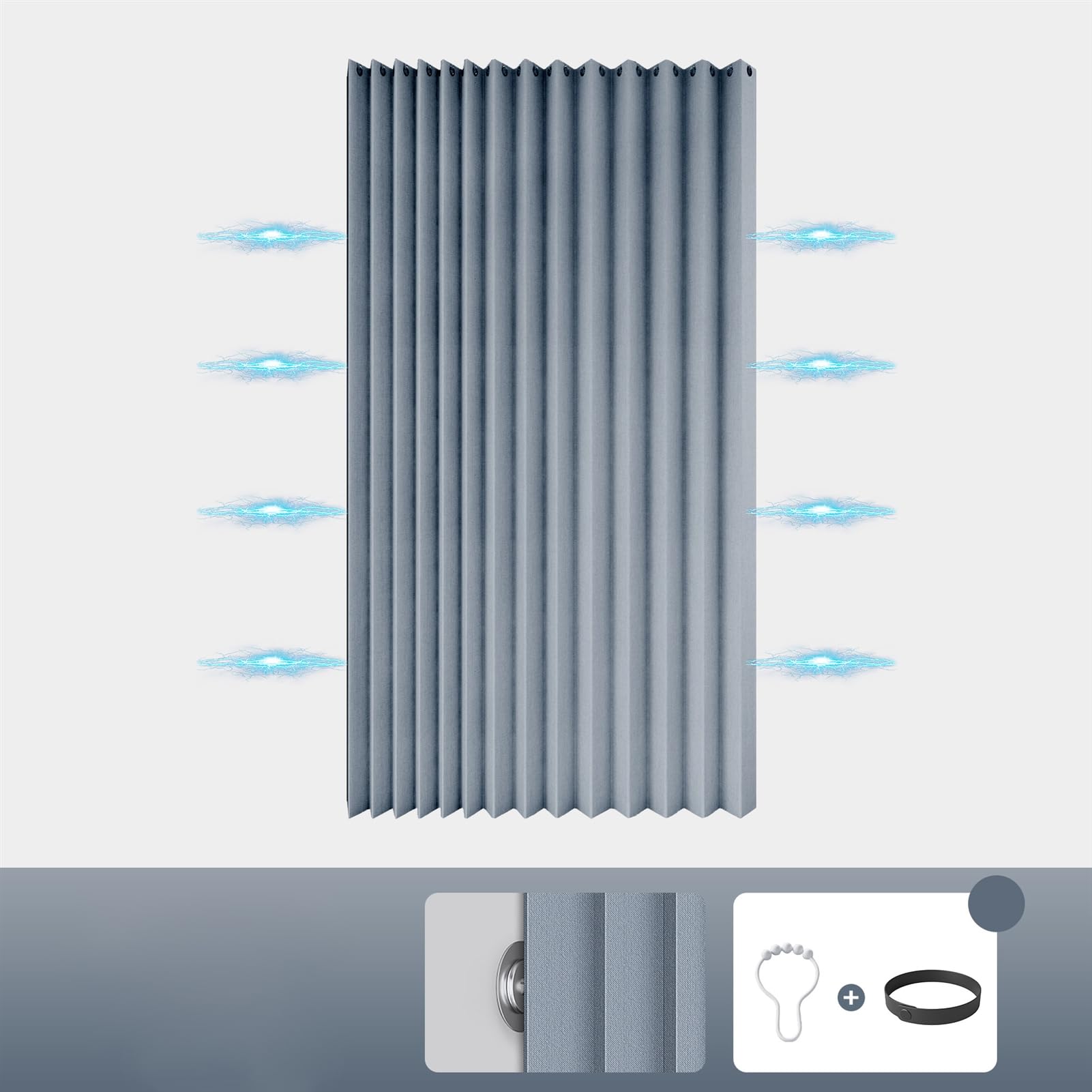 Aimant Rideau de Douche Pliable Magnétique, Gris Bleu, 150x180cm | Tissu Imperméable Anti-moisissure Rideaux de Douche Accordéon Plissés Lavables avec Crochet, 220g/m²
