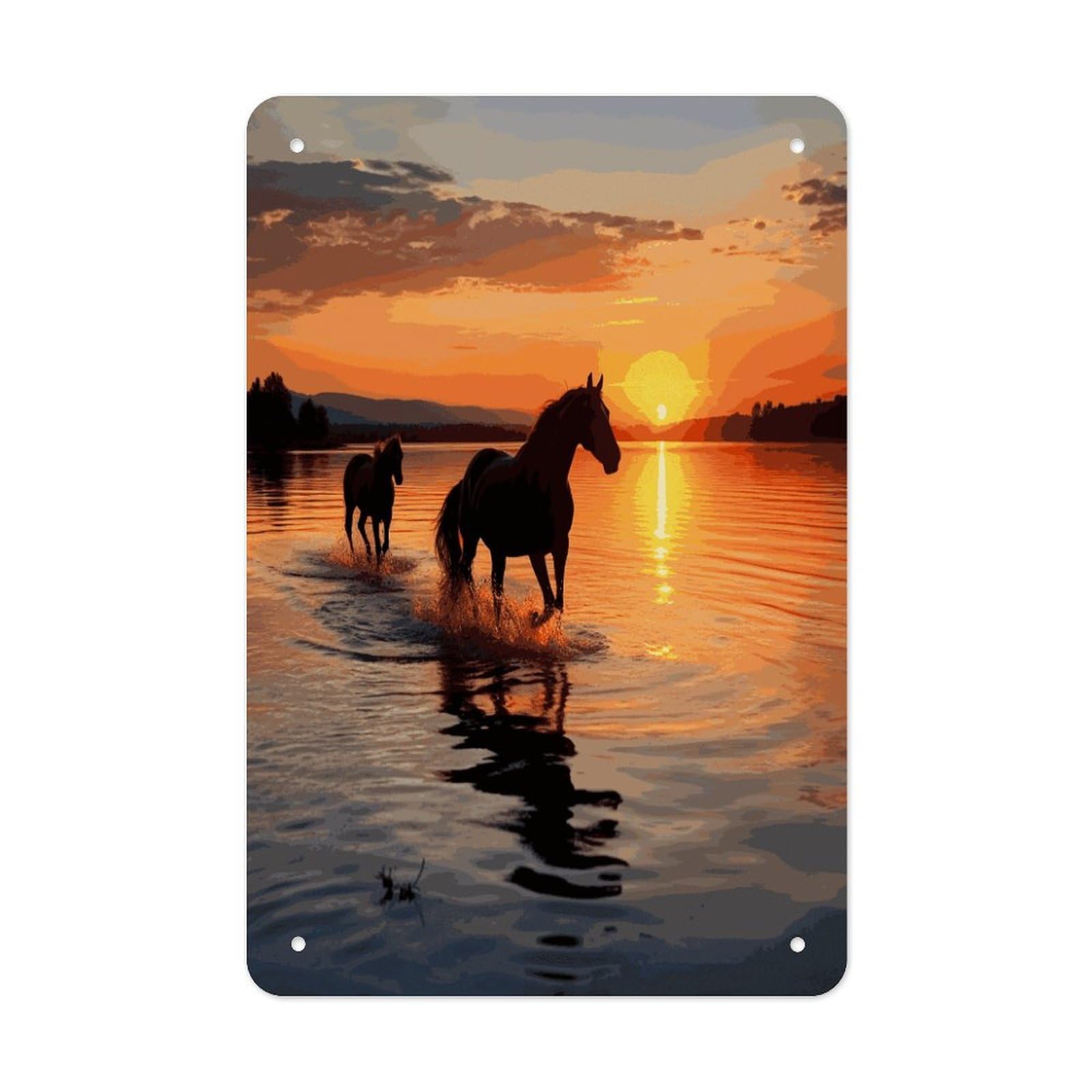 Sunsets Lake Horses Metal Tin Sign Wall Decor Funny Retro Sign Weatherproof Metal Wall Art for Indoor Or Outdoor Retro Tin Signs for Kitchen Office Home Bar Decor 11.8 X 7.9 Inch