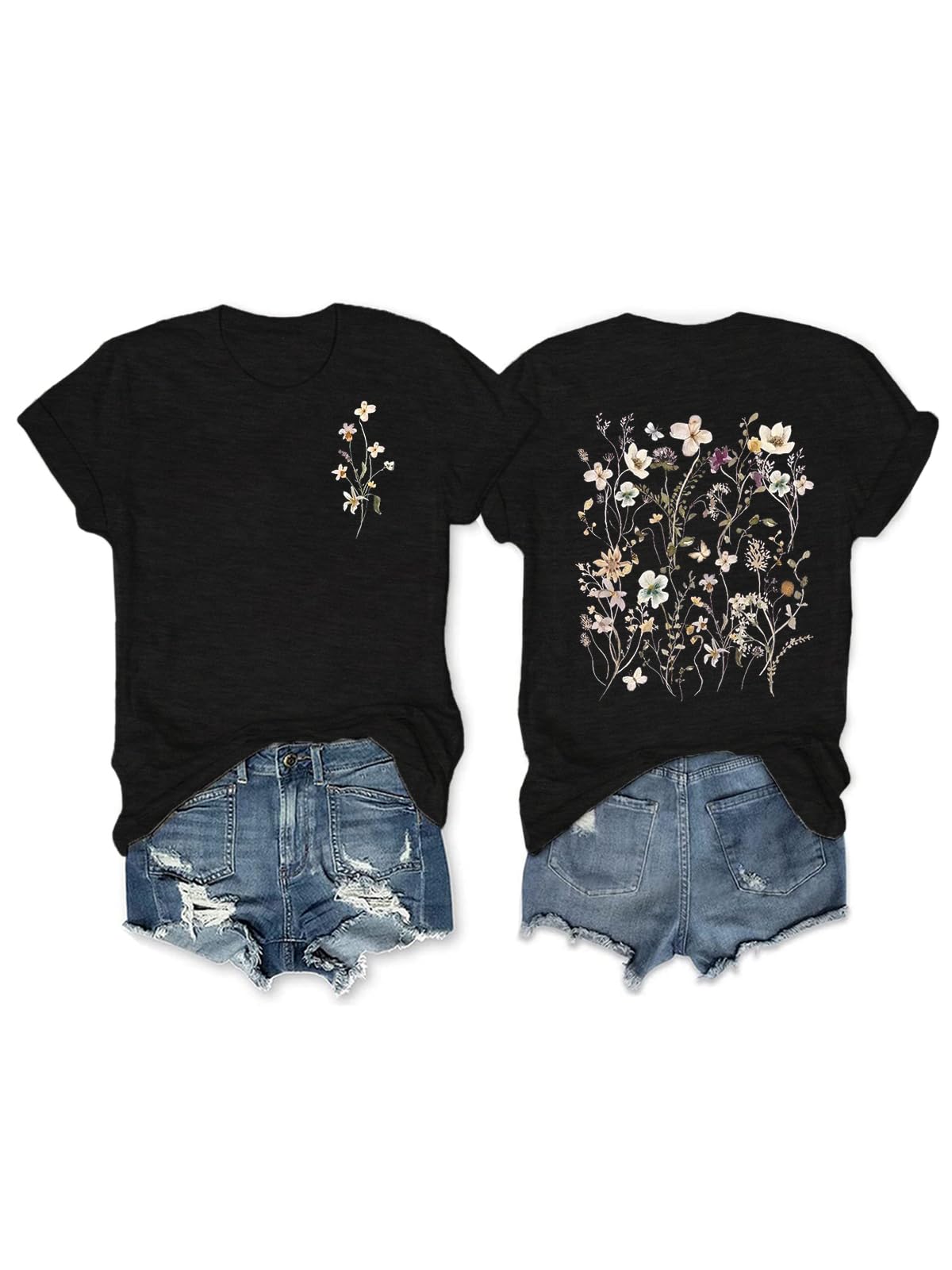 HDLTE Women Vintage Botanical Floral Graphic Tees Casual Boho Short Sleeve Plus Size Tops