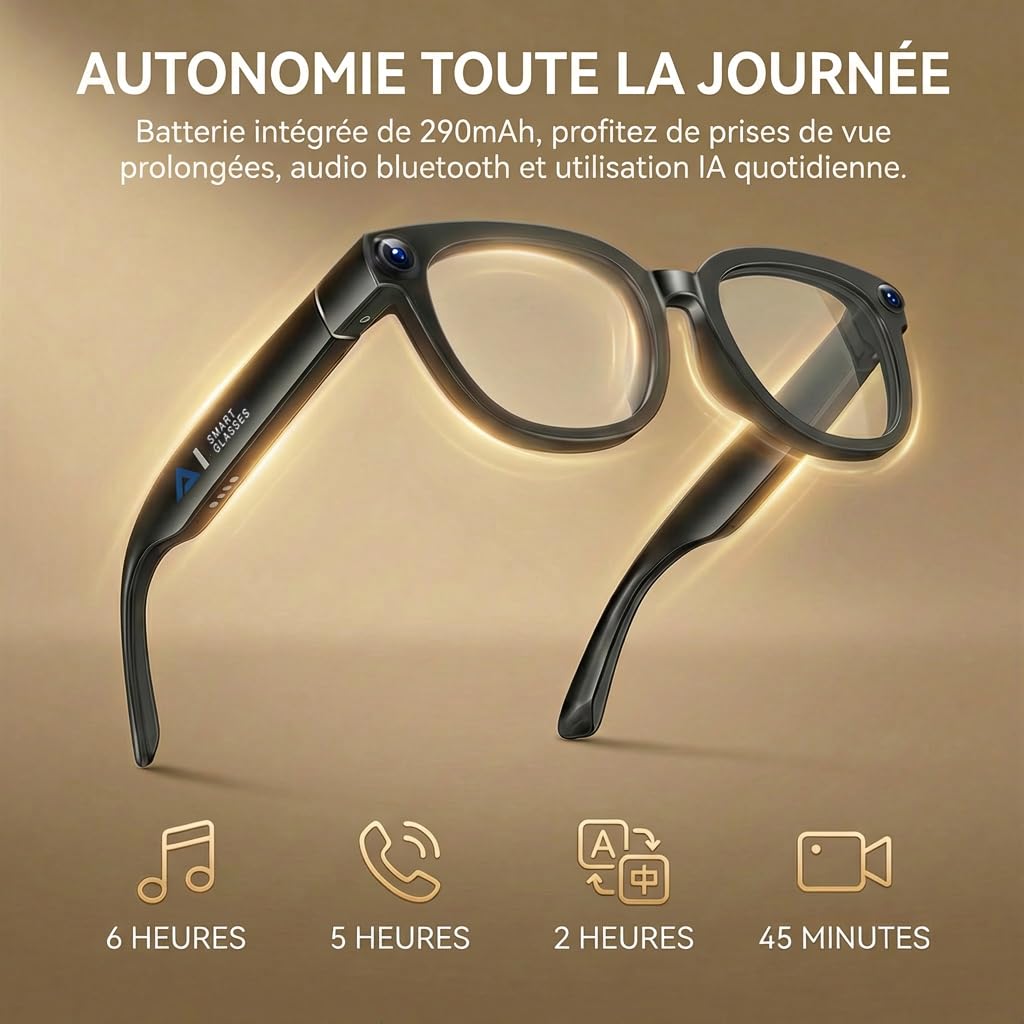 Lunette Camera HD, 13MP Lunettes Connectées IA, Verres Photochromiques à Changement de Couleur, Assistant IA pour Traduction en Temps Réel, 11 Heures d'Autonomie