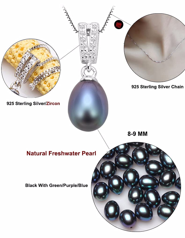 925 Sterling Silber Kette Natürliche Süßwasserperlen Anhänger Ohrringe Modeschmuck Set Für Frauen 8-9mm Perle Schwarz