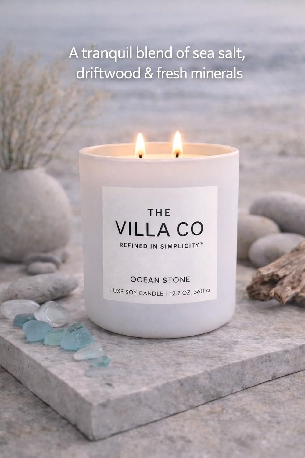 Ocean Stone | Scented Candle for Women & Men | Hand-Poured, Aromatic & Fragrant | 60 Hour Burn Time 12.7 OZ | Soy Based | Phthalate Free | Made in USA | Sea Salt Rosewood Santal