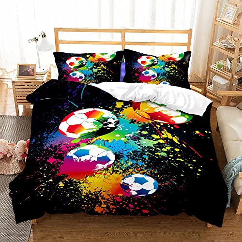 Housse de Couette Football 220X240cm pour Enfants Parure de Lit 2 Personnes 3D Football Noir Housse Couette en Microfibre avec 2 Taie d'oreiller 50x75 cm