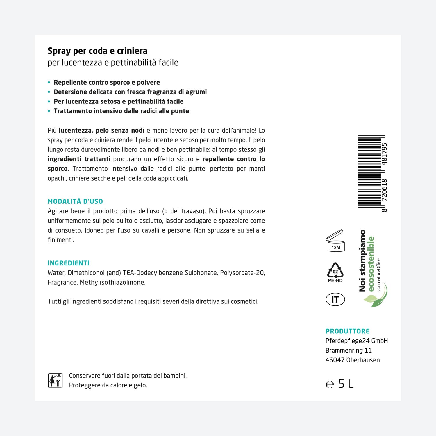 PFERDEPFLEGE24 Lo Spray per Coda & Criniera del cavallo in 0,5l, 1l, 2,5l & 5l - Lucentezza splendente, pettinabilità facile & cura delicata - Accessori & trattamenti per il cavallo