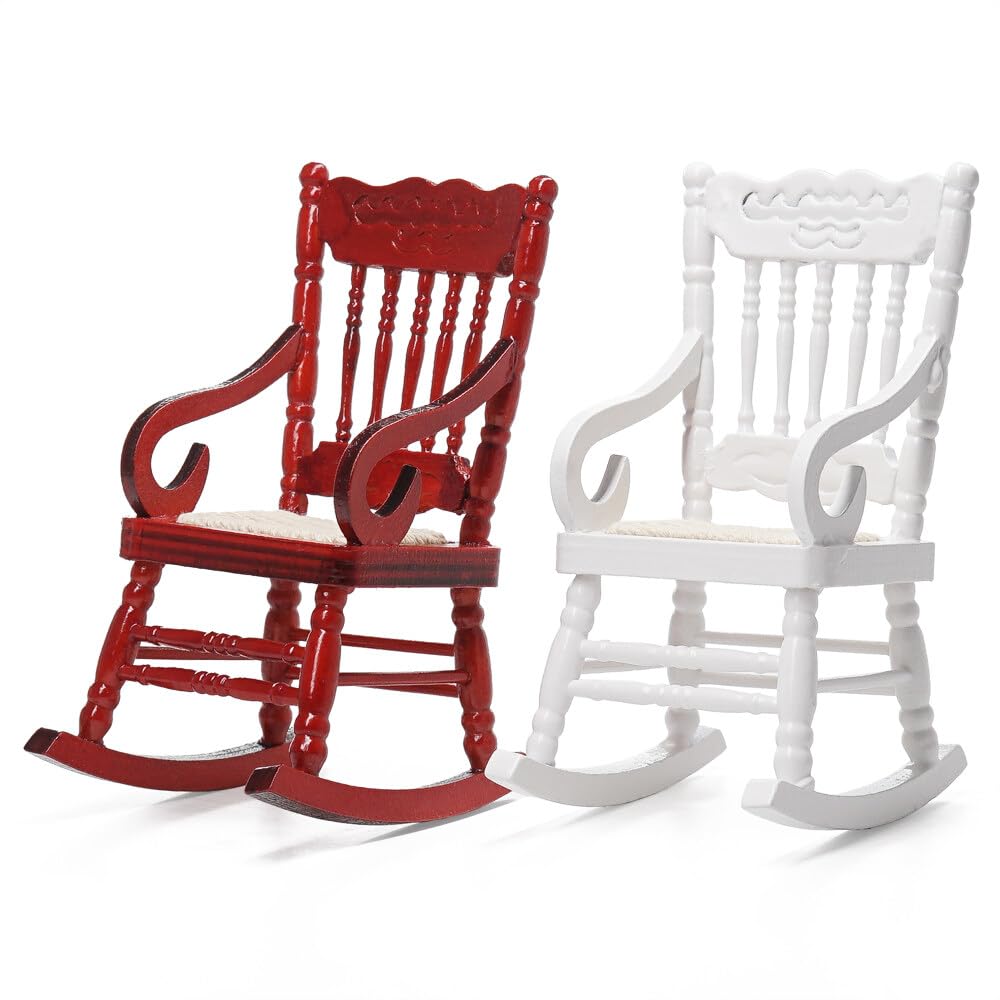 Odoria 1/12 Scale Dolls House Miniature Rocking Chair 2Pcs Dollhouse Furniture Accessories, White and Red