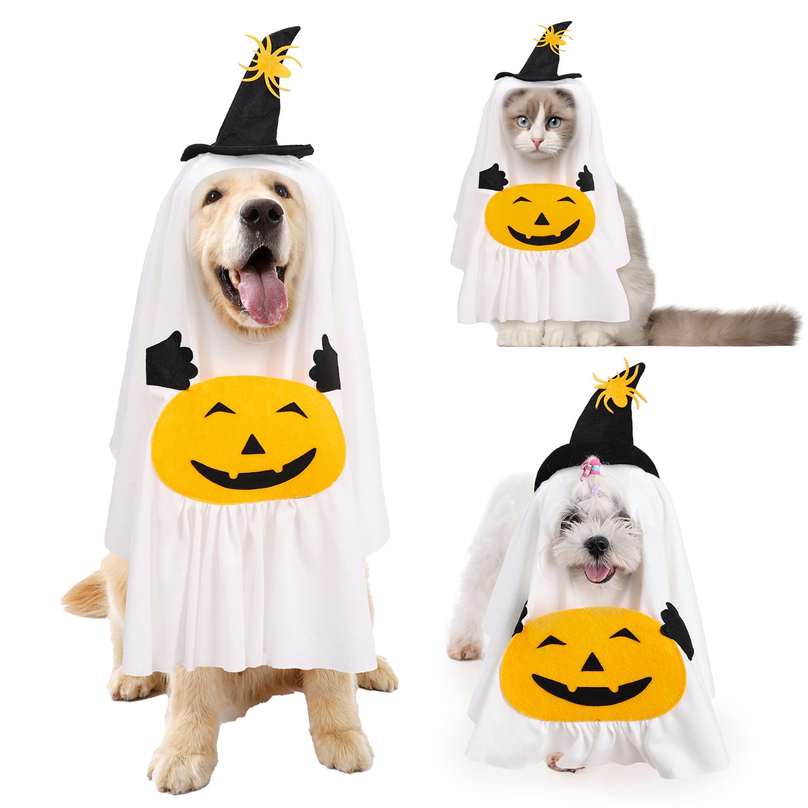 MeiAOBest Pet Halloween Costume,2 in 1 Cat Dog Ghost Dress Up Hooded Cape,Witch Hat Pumpkin White Cloak Cosplay Party Clothes_M