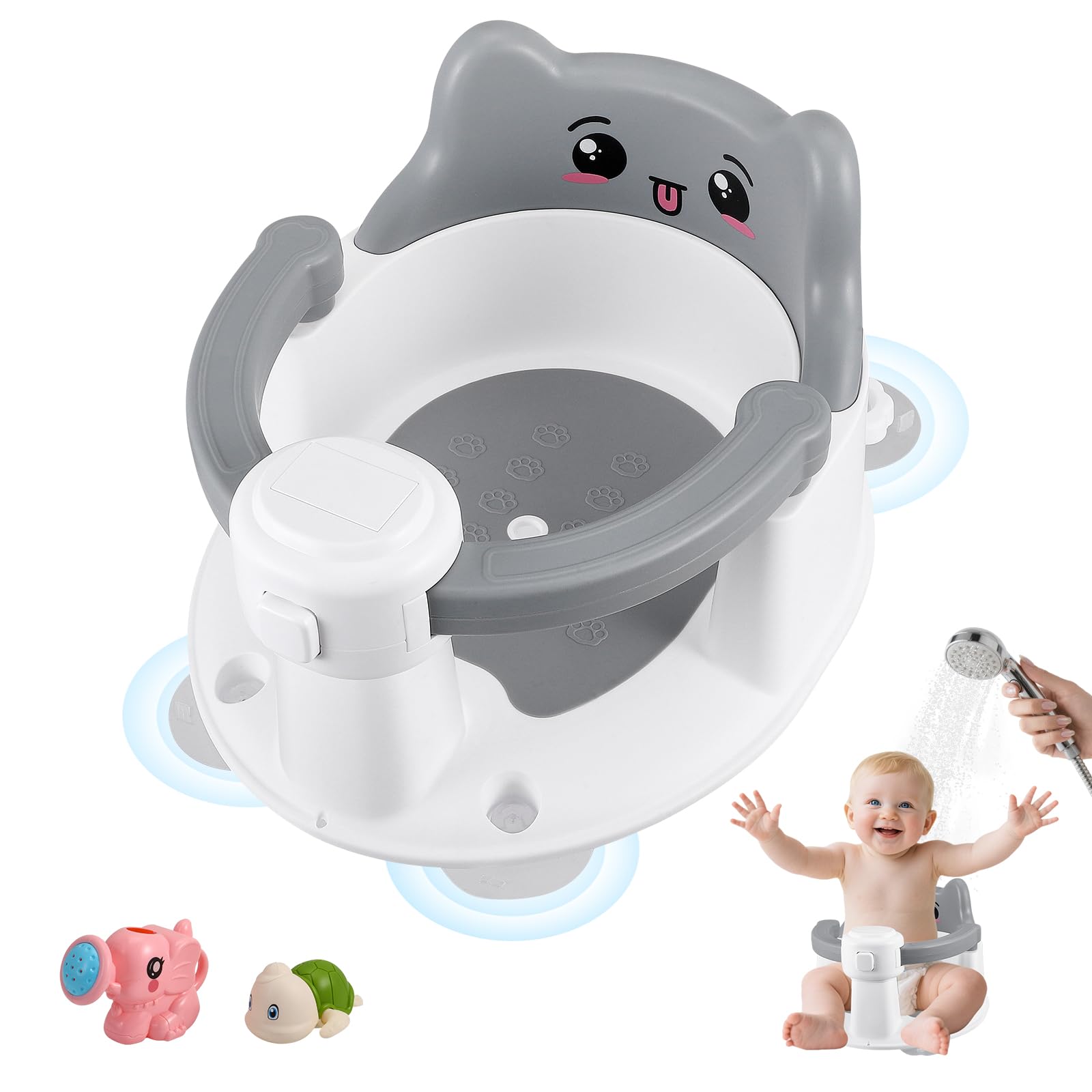 Asiento de baño ajustable y antideslizante para niños de 6 a 15 meses, soporta hasta 12 kg, 2 juguetes, ventosas, diseño ergonómico para un baño cómodo