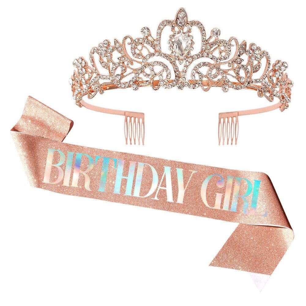 REYOK Cumpleaños Corona y faja Tiara Corona de Cristal Birthday Queen Sash Corona cumpleaños para niñas y mujeres, Oro Rosa diadema de imitación Tiara de cumpleaños Mujer Corona Diadema Tocado Accesorios