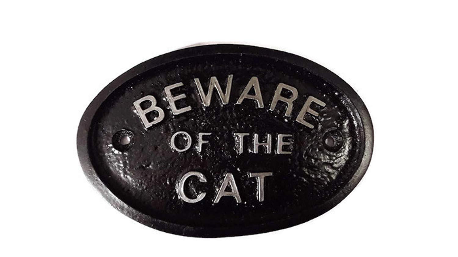Artisan Black And Silver Silver Beware Of The Cat Wall Gate Plaque In Black With Silver Raised Lettering