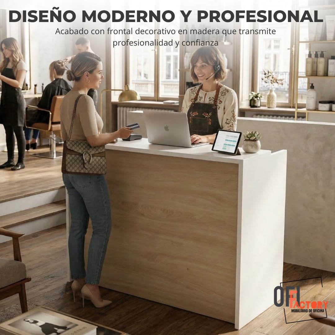 Mostrador Recepcion Profesional | Mostradores para Tiendas de Madera 25MM Grosor | Mesas para Recepción de Oficina, Peluqieria | Mueble Recepcion con Estanteria (Acacia, 120x105x50)