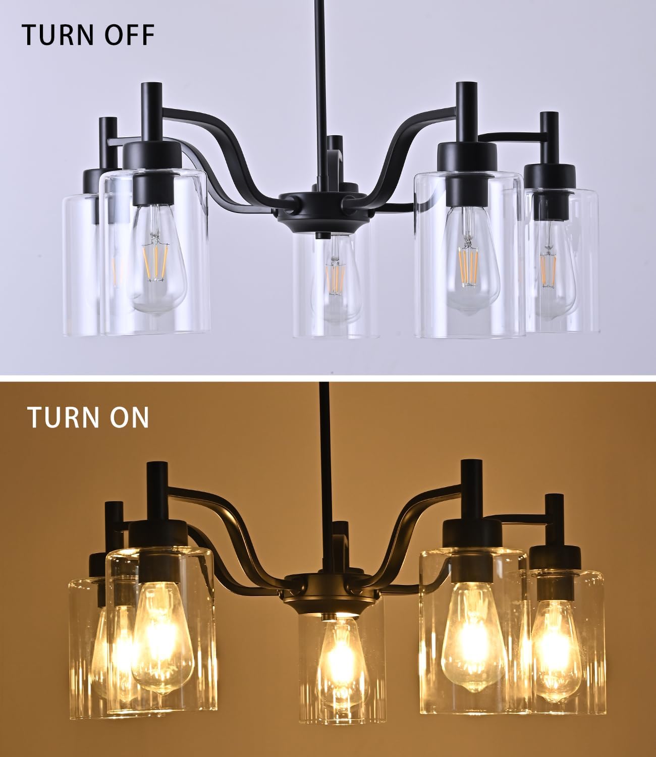 BOZO Black Chandelier for Dining Room, 5 Light Farmhouse Pendant Light Fixture with Clear Glass Shade Industrial Hanging Adjustable Height for Living Room Kitchen Island Entryway Bedroom
