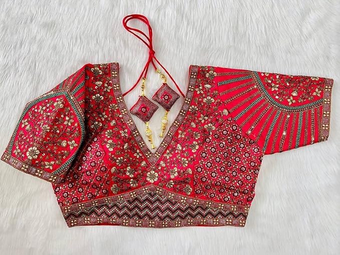 Image of Pujia Mills Mills Women's Fancy Readymade Heavy Coding Embroidary Worked Half Sleeve Multicolor Saree Blouse(Mushroom)