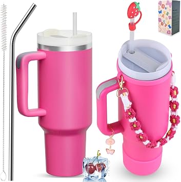 40 oz Tumbler Insulated Mug w/Straw & Flip Cap Lids - Cup Holder Bottle with 6 Accessories Set for Hot, Cold Drink - Leak-Proof - Water, Coffee Portable Travel Mug Barbie
