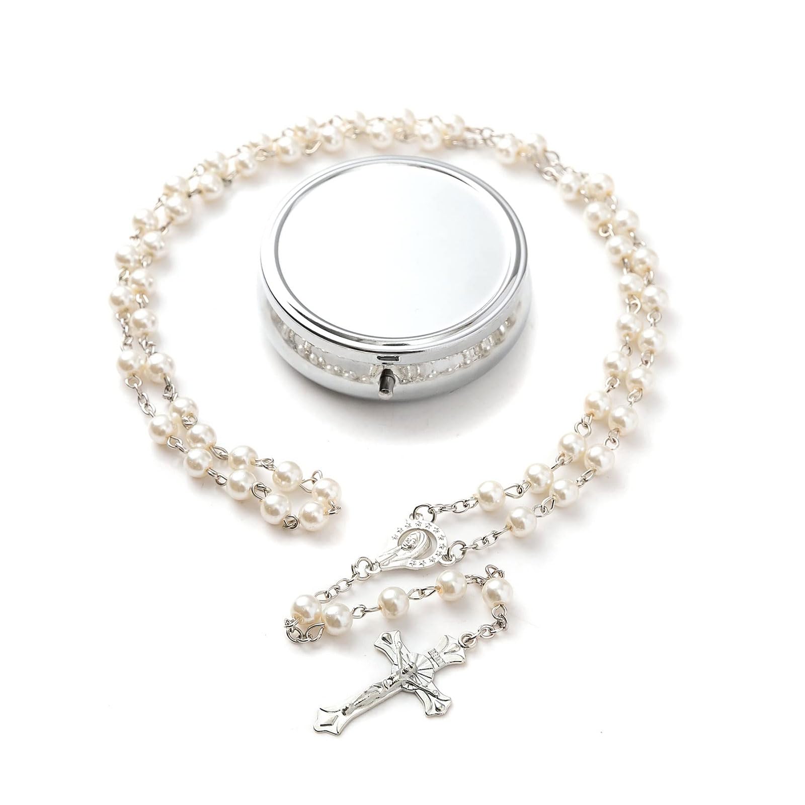GlamRays Rosaria Kralen Katholiek - Vormselcadeaus voor tienermeisjes, Zilver Eenvoudige Stijl Metalen Geschenkdoos, Witte Namaak Parel Rozenkrans