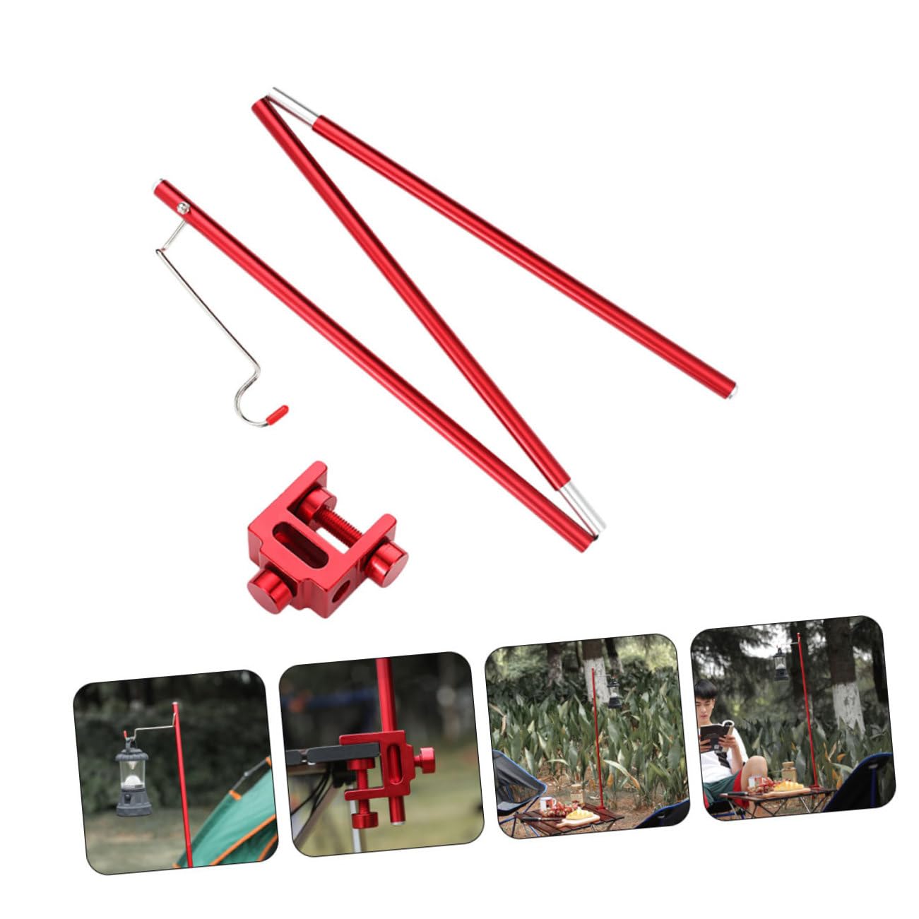 Parliky 1Set Portable Aluminum Alloy Camping Lamp Stand with Hook Lightweight Folding Bracket for Outdoor Use for Picnics and Fishing Red