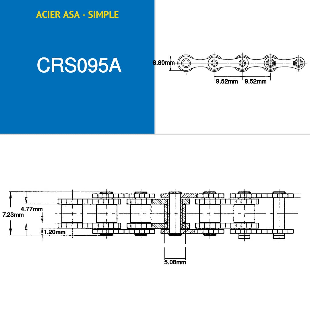 CMW CRS095A chaine de transmission simple ASA 35-1 ASA acier, pas de 9,52 mm en rouleau de 5 mètres