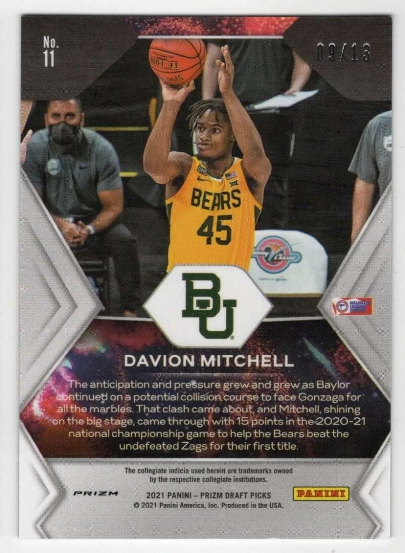 DAVION MITCHELL RC 2021-22 Panini Prizm Draft Picks /13 Fireworks Prizms Blue Shimmer #11 ROOKIE NM+-MT+ NBA Basketball NCAA