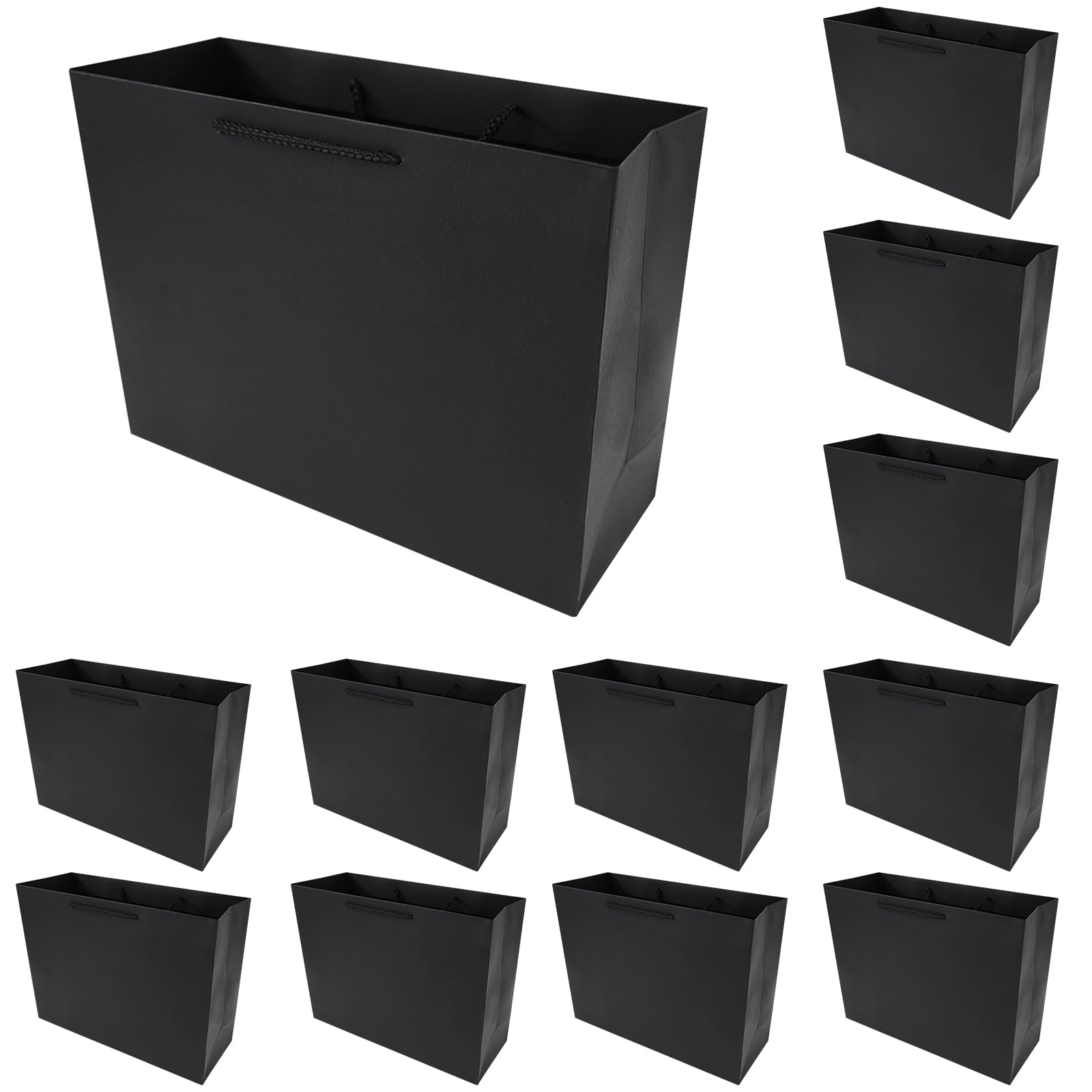 12 x Sacs en papier, Sacs cadeaux avec bord noir laminé mat, Sacs cadeaux en kraft avec poignées pour anniversaire, mariage, Noël, fête, shopping, baby shower, vente au détail, 35x13x26 cm (Noir)