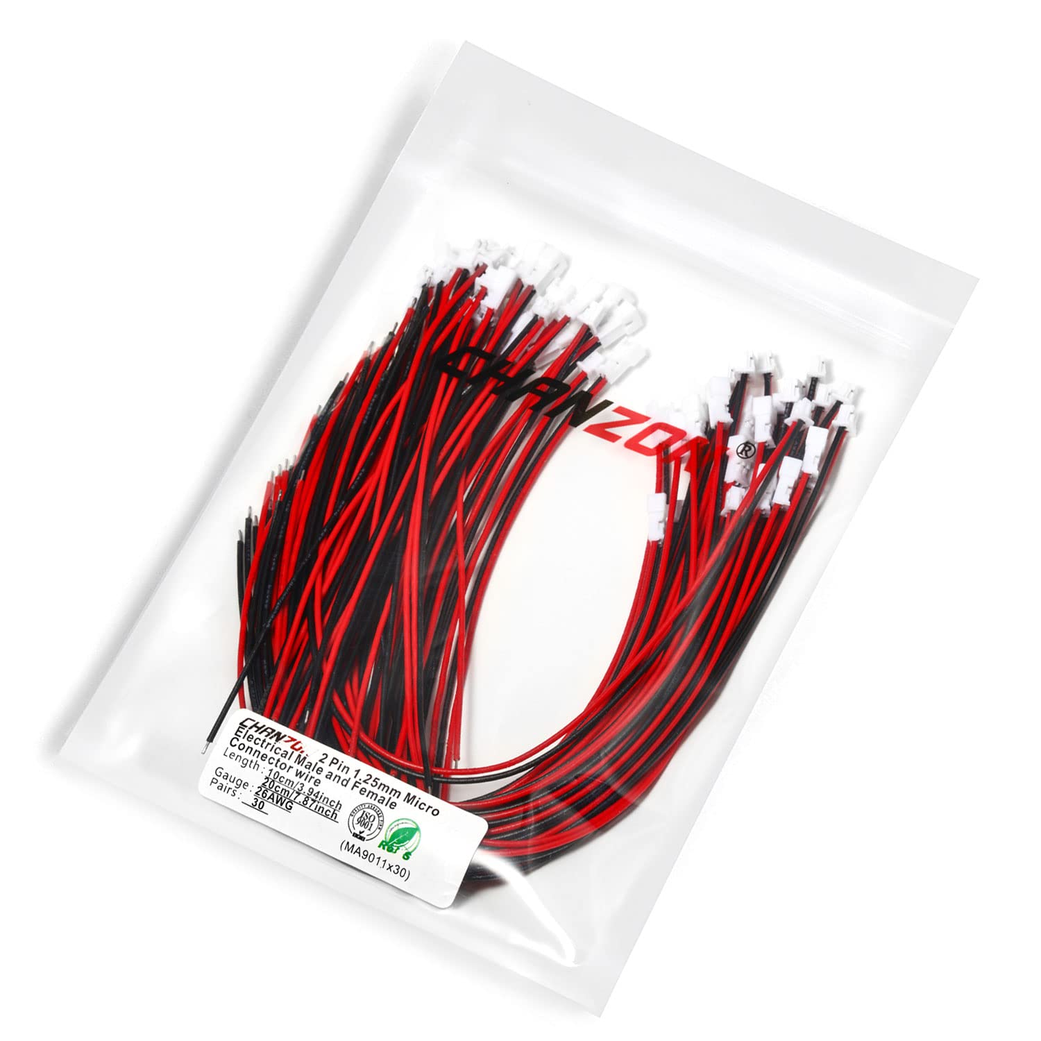 Chanzon 30Pairs Jst1.25mm 2 Pin Micro Plug Connector with 10cm and