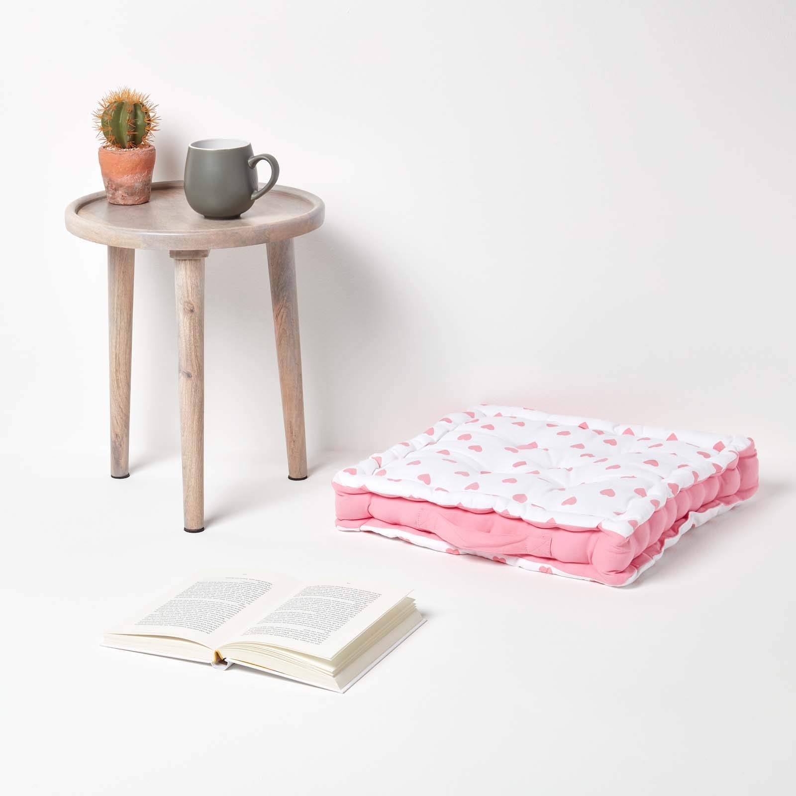 Homescapes Sitzkissen Rund - 43 Cm Ø, Weiß Mit Rosa Herzen, 100% Baumwolle, Mit Griff, Für Boden & Stühle