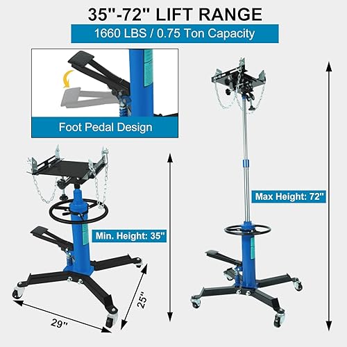 Miniatura 3 de BLACKHORSE-RACING Gato de transmisión, gato telescópico hidráulico de 2 etapas de 1660 libras/0.75 toneladas con pedal de pie, elevación de altura